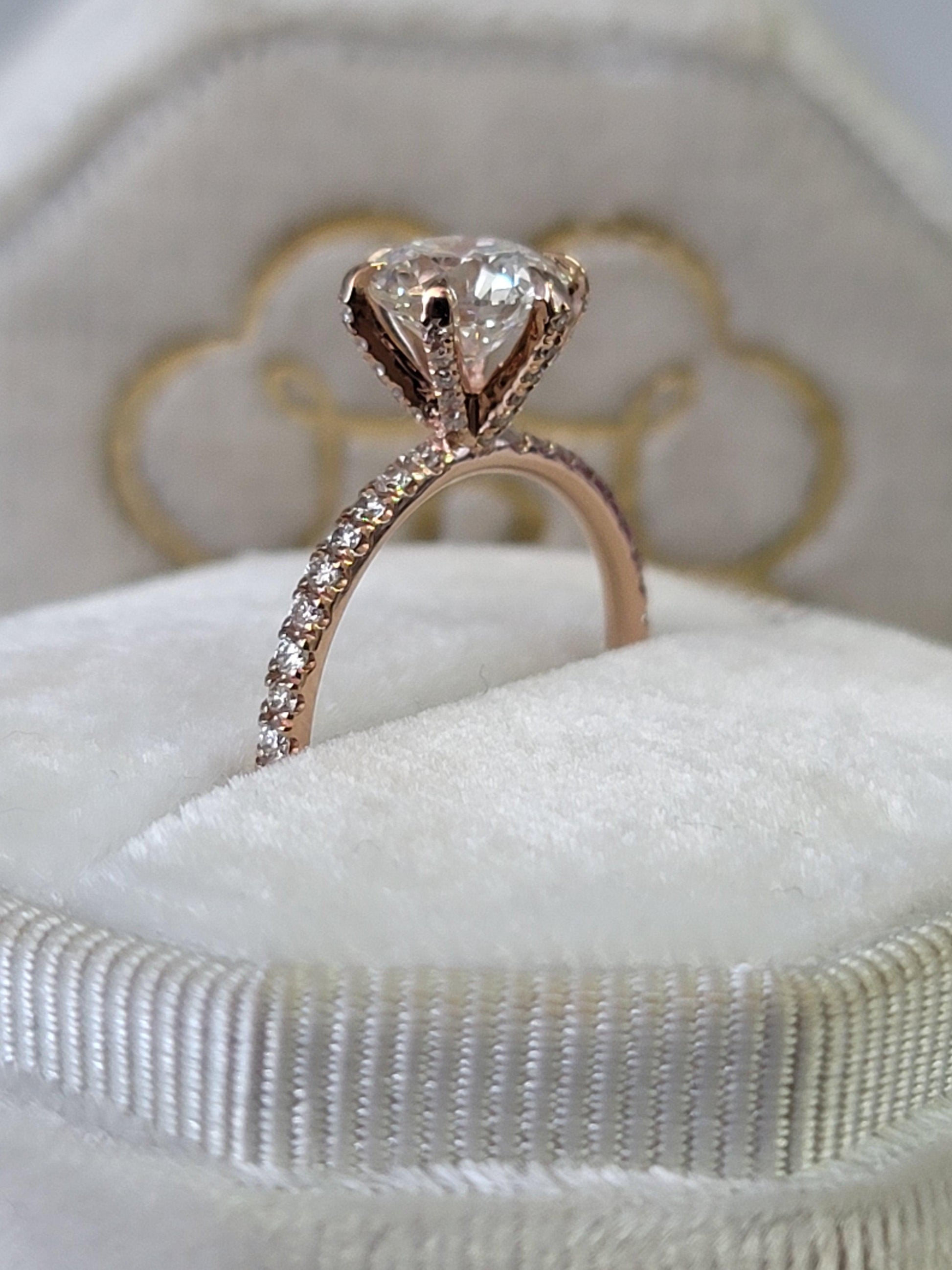 1.70 Carats Lab Grown Round Brilliant Cut Micropave Side Stones Accented Prongs Diamond Engagement Ring in Rose Gold - BenzDiamonds
