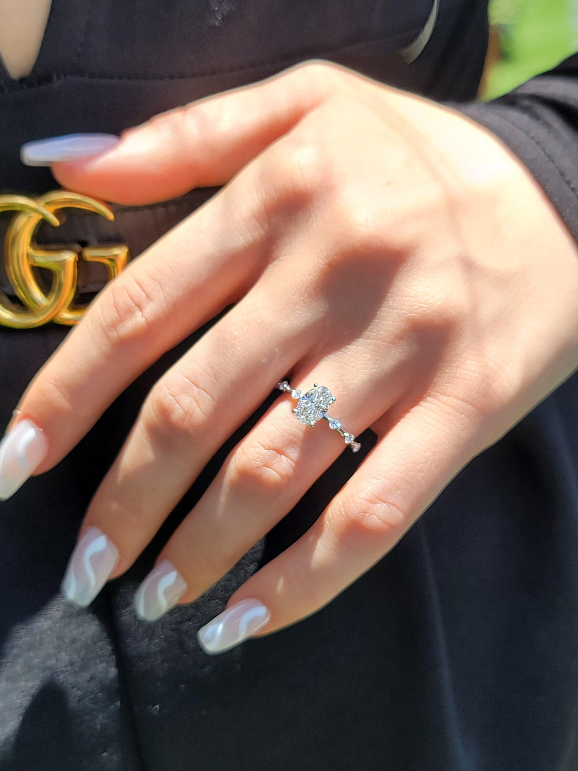 1.18 Carats Lab Grown Oval Cut Spaced Side Stones Diamond Engagement Ring - BenzDiamonds