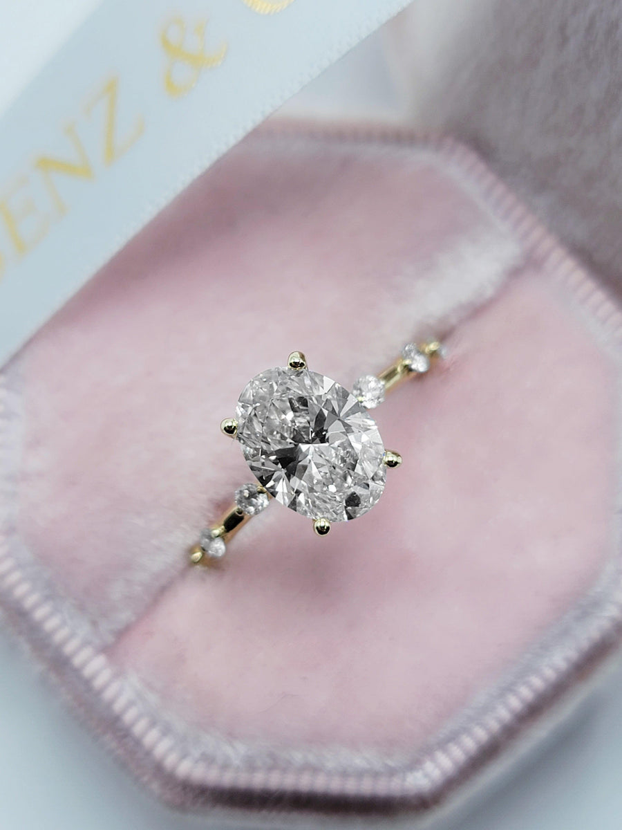 2.19 Carats Lab Grown Oval Cut Spaced Side Stones Diamond Engagement Ring - BenzDiamonds