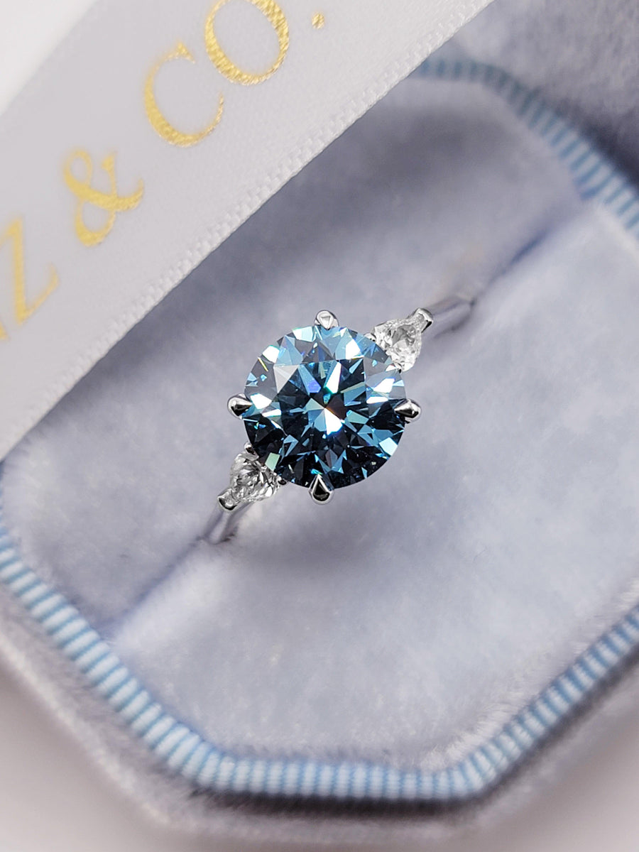 2.35 Carats Lab Grown Fancy Vivid Blue Round Brilliant Cut with Pear Shape Side Stones Diamond Engagement Ring - BenzDiamonds