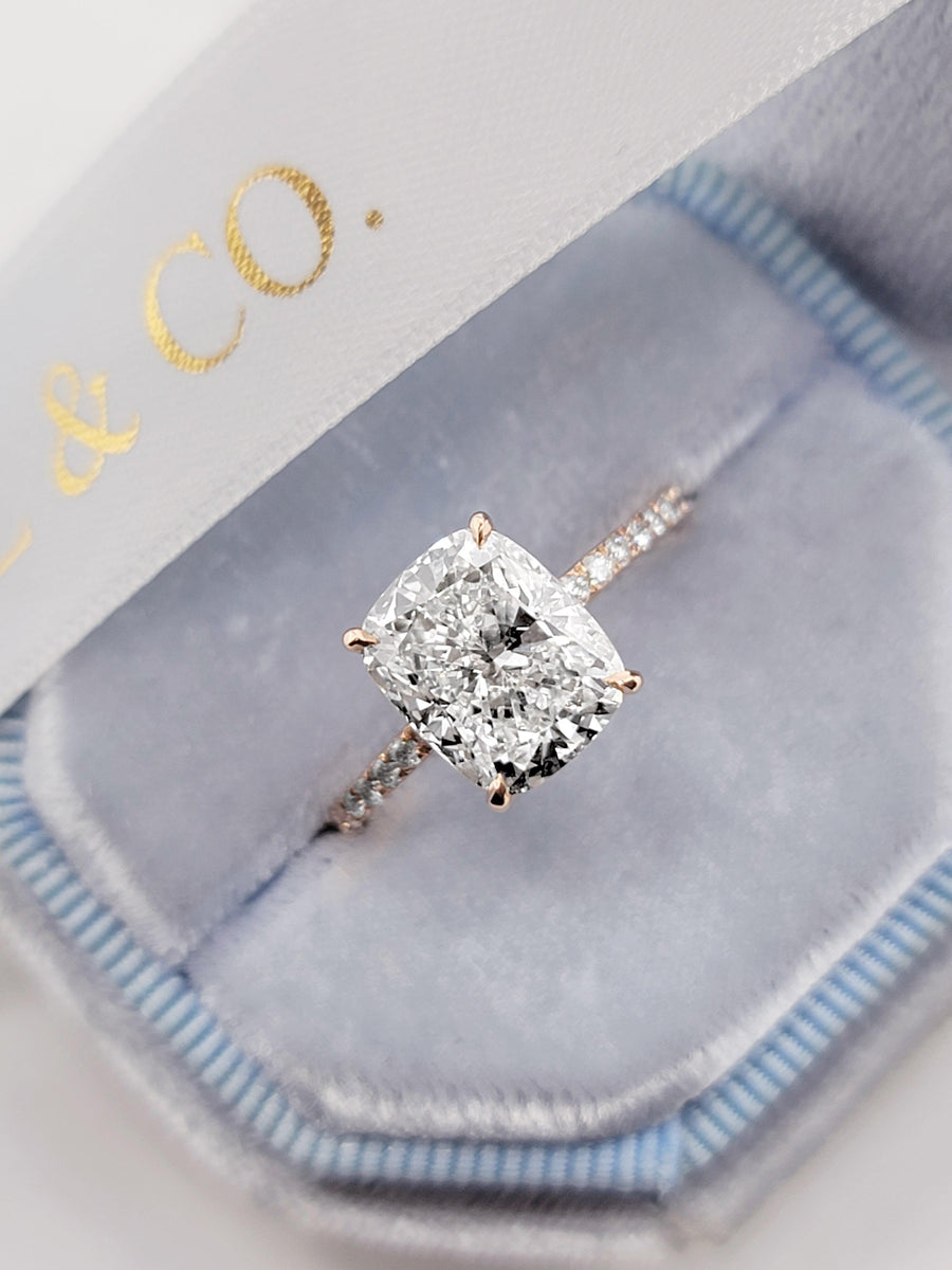 3.56 Carats Lab Grown Elongated Cushion Cut Micropaved Side Stones Hidden Halo Diamond Engagement Ring 7.75 / 14K Rose Gold