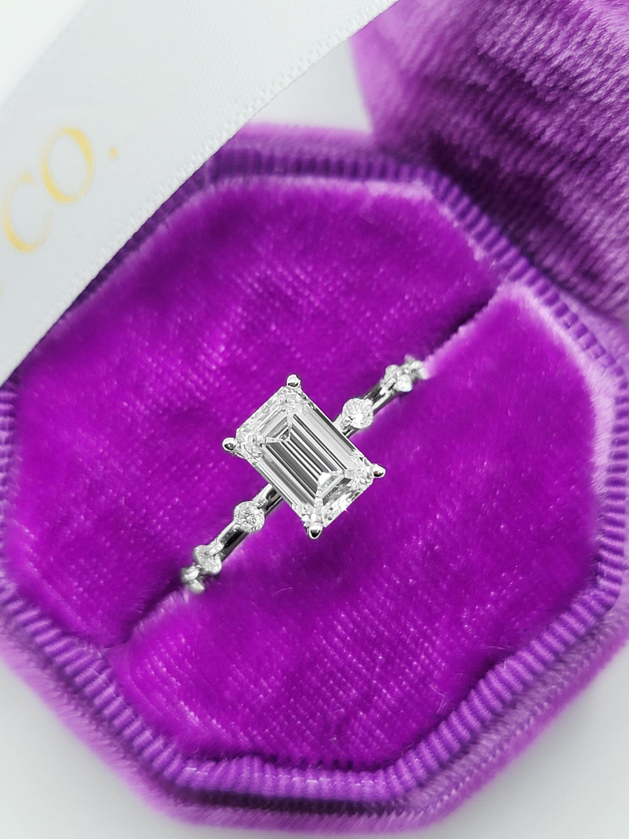 1.68 Carats Lab Grown Emerald Cut Spaced Side Stones Diamond Engagement Ring - BenzDiamonds