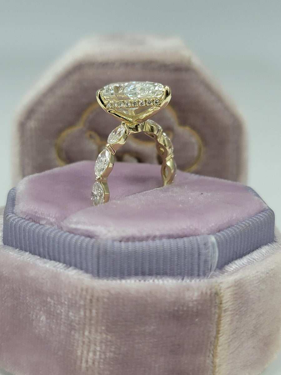 3.68 Carats Lab Grown Pear Shape with Marquise Side Stones Hidden Halo Diamond Engagement Ring - BenzDiamonds
