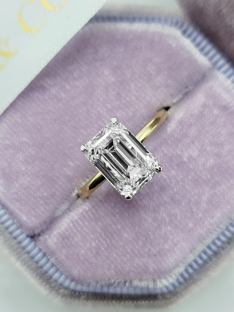 3.03 Carats Lab Grown Emerald Cut Two Tone Solitaire Hidden Halo Diamond Engagement Ring - BenzDiamonds