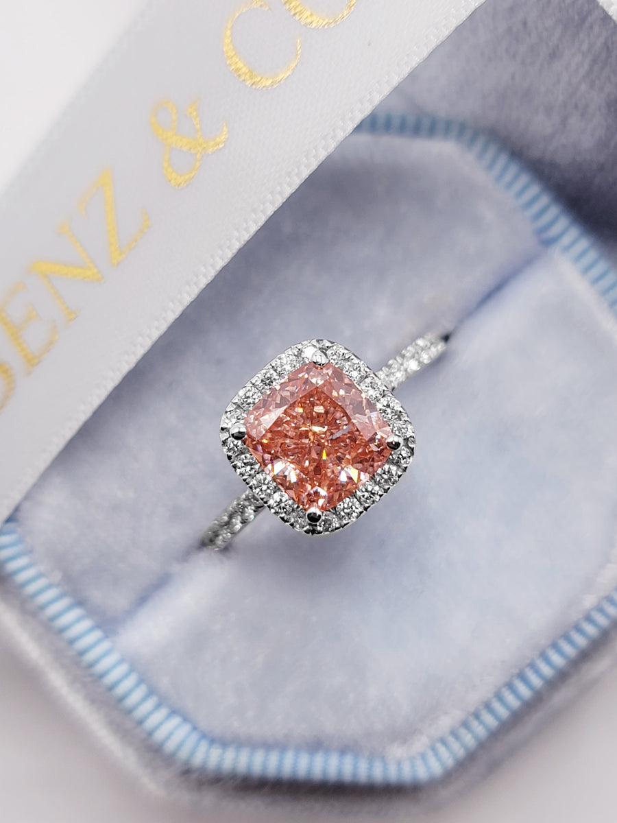 2.69 Carats Lab Grown Fancy Intense Pink Cushion Cut Micropaved Halo Side Stones Diamond Engagement Ring