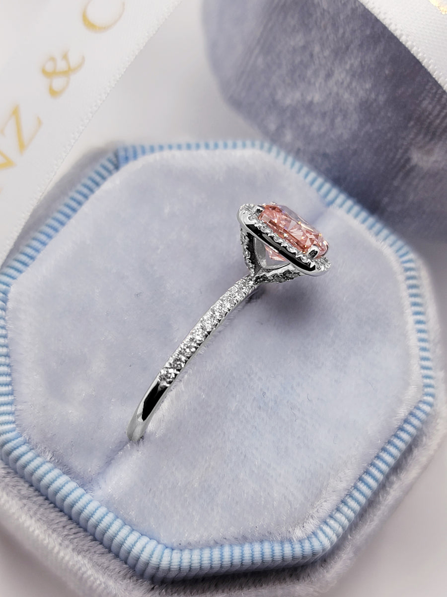 2.69 Carats Lab Grown Fancy Intense Pink Cushion Cut Micropaved Halo Side Stones Diamond Engagement Ring