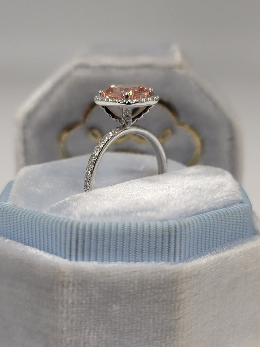 2.69 Carats Lab Grown Fancy Intense Pink Cushion Cut Micropaved Halo Side Stones Diamond Engagement Ring