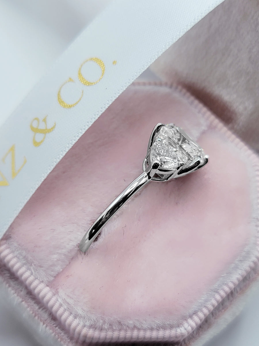 4.50 Carats Lab Grown Cushion Cut with Heart Shaped Side Stones Diamond Engagement Ring