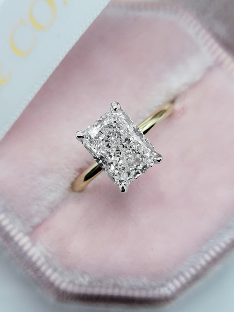 2.72 Carats Lab Grown Radiant Cut Two Tone Solitaire Hidden Halo Diamond Engagement Ring - BenzDiamonds