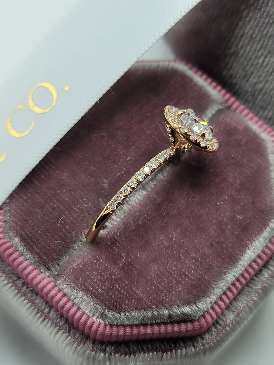 1.51 Carats Lab Grown Round Brilliant Cut Micropaved Halo Side Stones Diamond Engagement Ring 7.25 14K Rose Gold