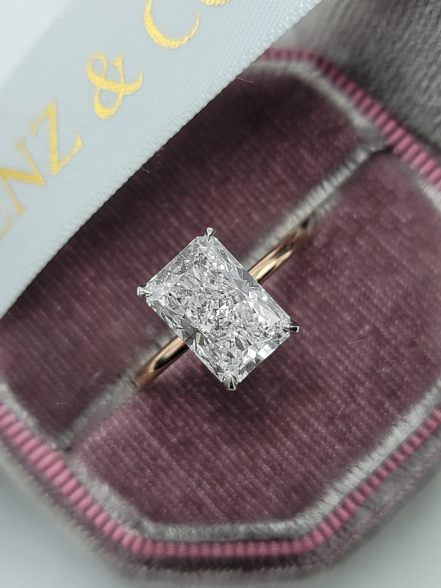 3.15 Carats Lab Grown Radiant Cut Two Tone Solitaire Hidden Halo Diamond Engagement Ring