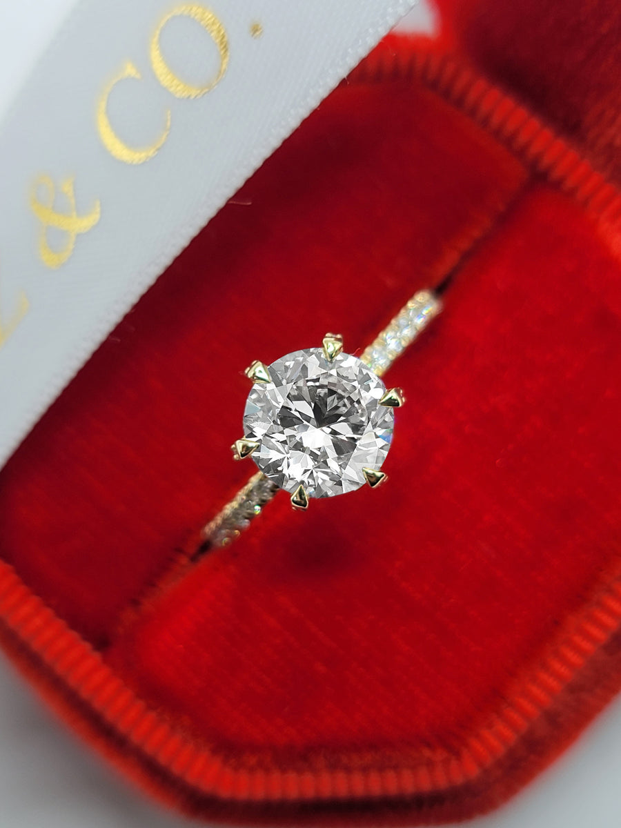 2 Carats Lab Grown Round Brilliant Cut Micropave Side Stones Accented Prongs Diamond Engagement Ring in Yellow Gold