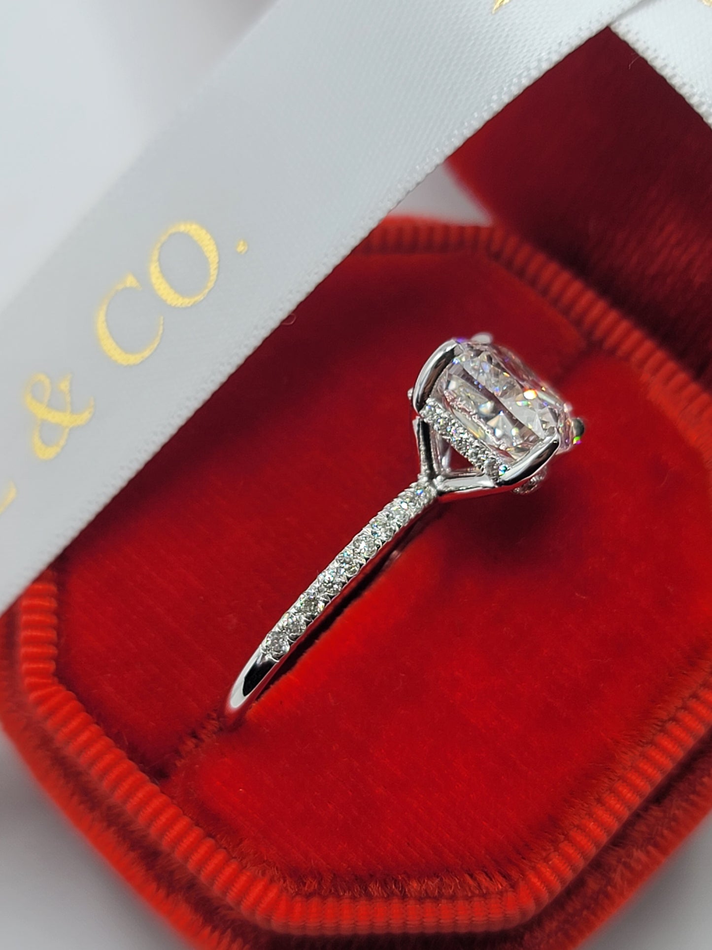 4.52 Carats Lab Grown Cushion Cut Micropaved Side Stones Hidden Halo Diamond Engagement Ring