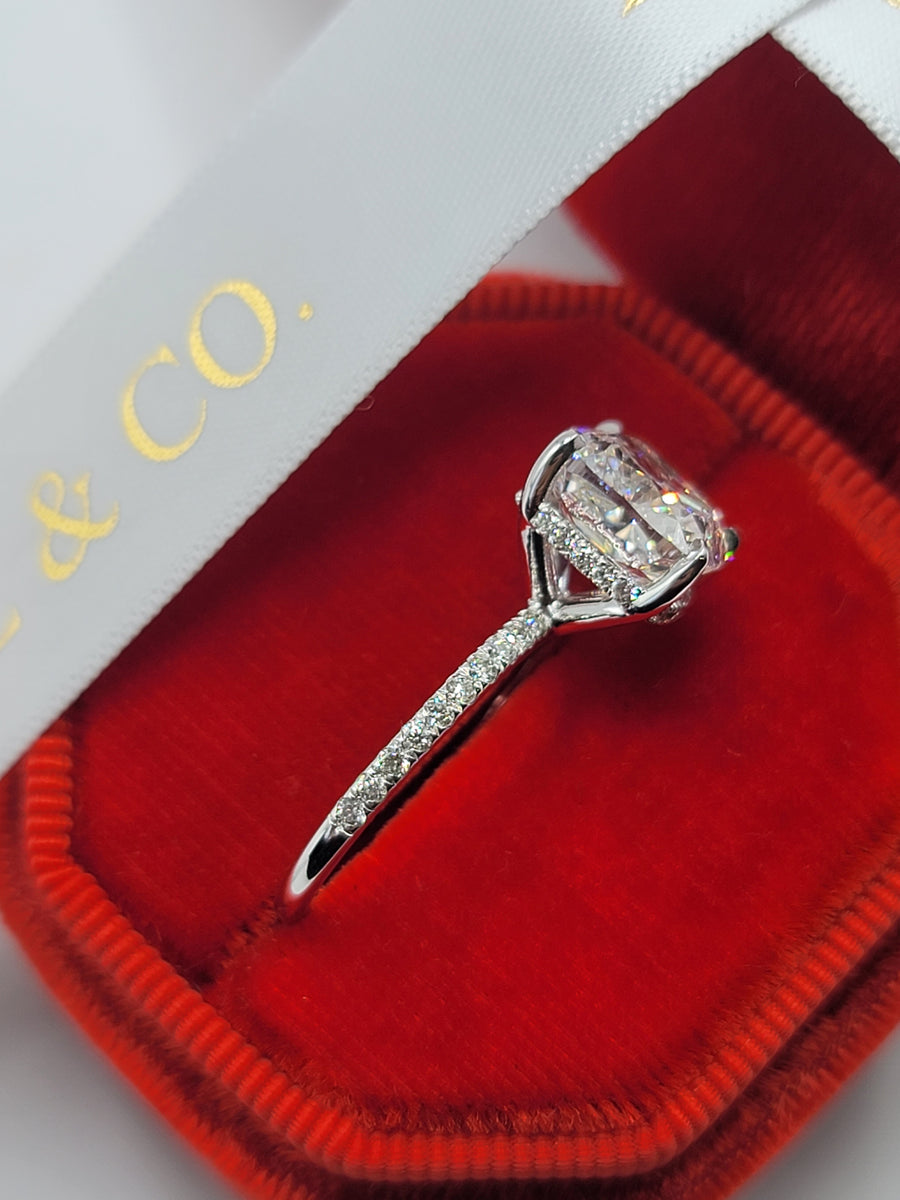 4.52 Carats Lab Grown Cushion Cut Micropaved Side Stones Hidden Halo Diamond Engagement Ring