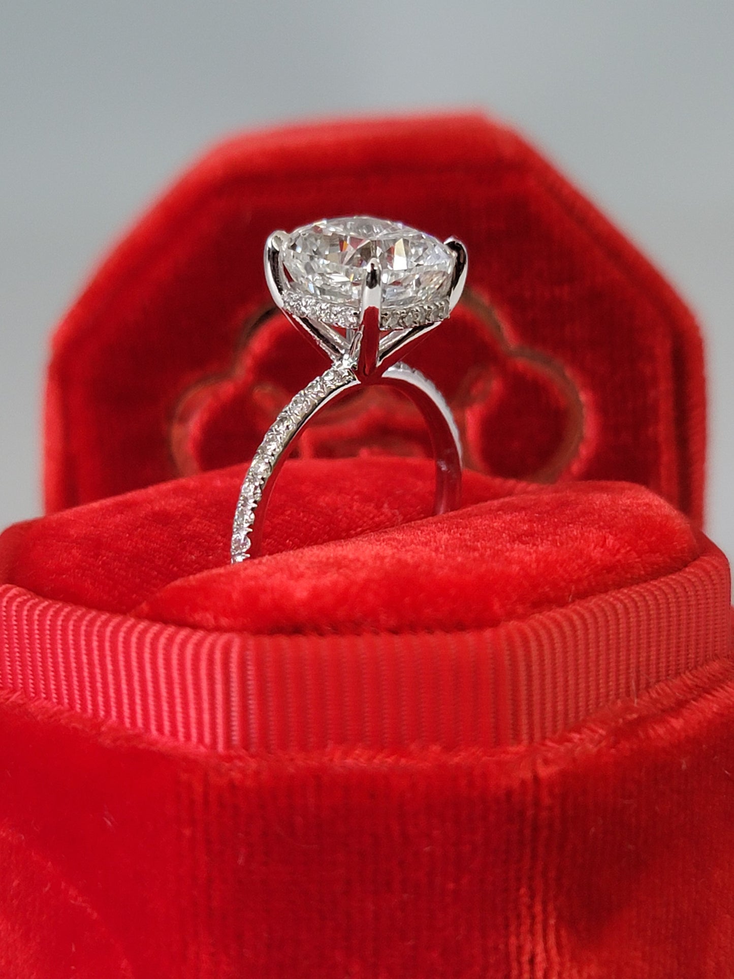 4.52 Carats Lab Grown Cushion Cut Micropaved Side Stones Hidden Halo Diamond Engagement Ring