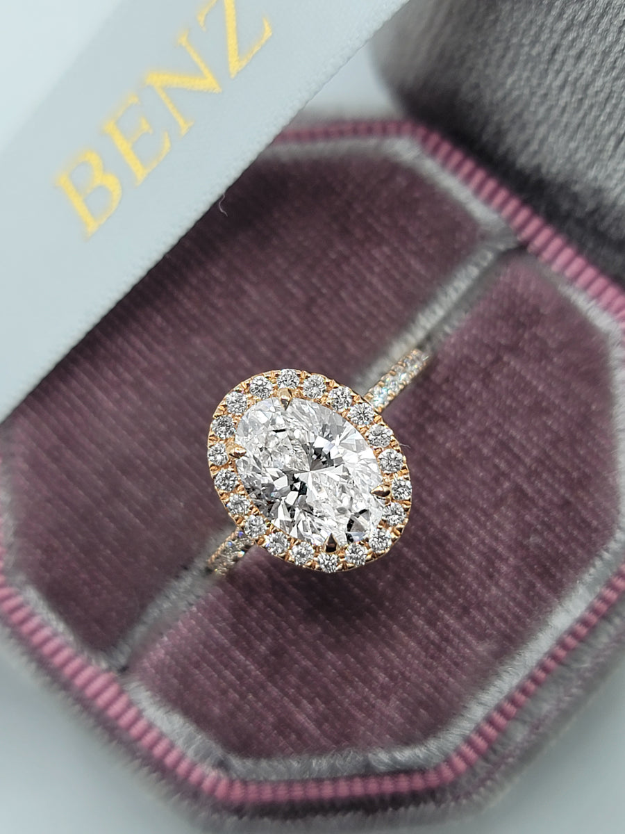 2.60 Carats Lab Grown Oval Cut Micropave Halo Side Stones Diamond Engagement Ring