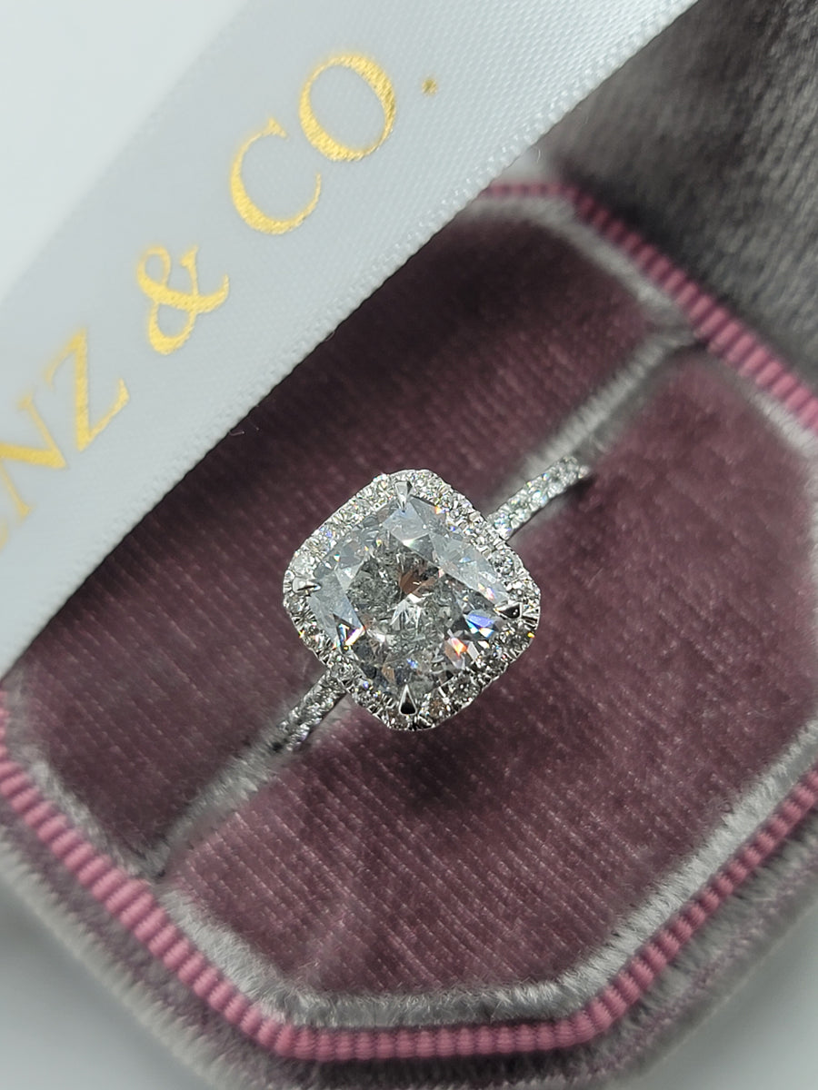 3.28 Carats Cushion Cut Micropaved Halo Side Stones Diamond Engagement Ring