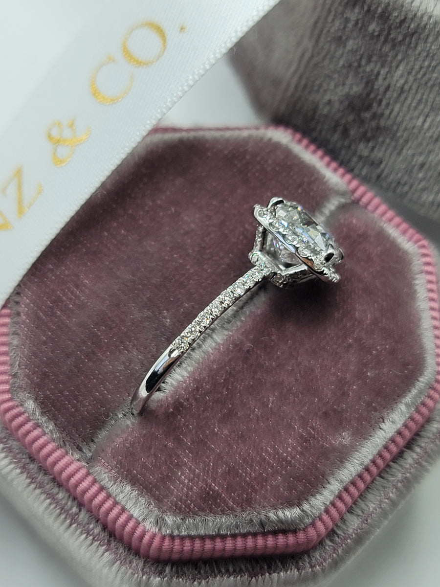 3.28 Carats Cushion Cut Micropaved Halo Side Stones Diamond Engagement Ring