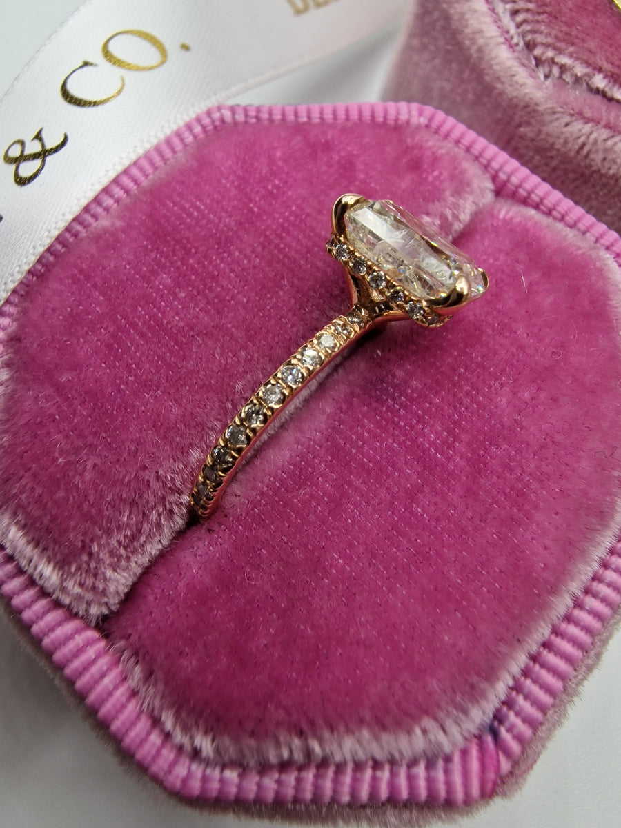 2.83 Carats Radiant Cut Micropaved Side Stones Hidden Halo Diamond Engagement Ring
