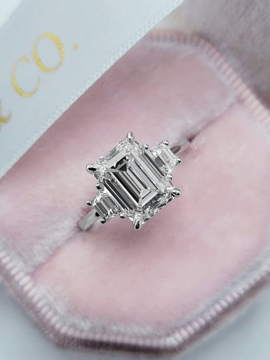 3.55 Carats Lab Grown Emerald Cut with Trapezoid Side Stones Diamond Engagement Ring