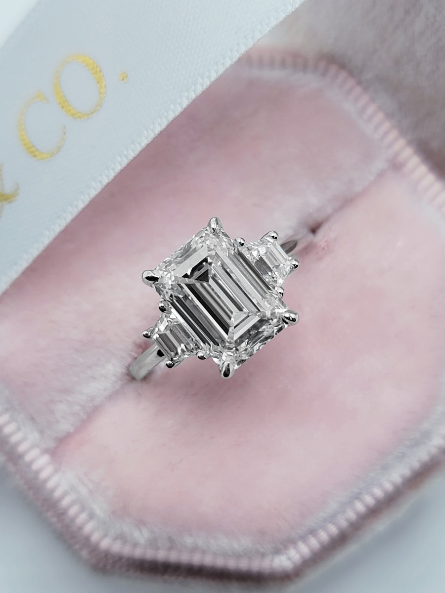 3.38 Carats Lab Grown Emerald Cut with Trapezoid Side Stones Diamond Engagement Ring