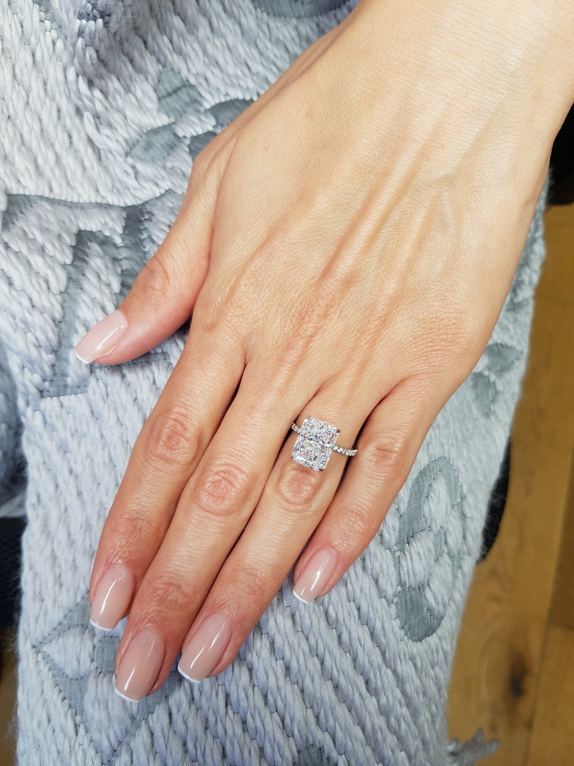 4 Carat Elongated 1.38 ratio Radiant Cut Micropaved Side Stones Hidden Halo Diamond Engagement Ring - BenzDiamonds