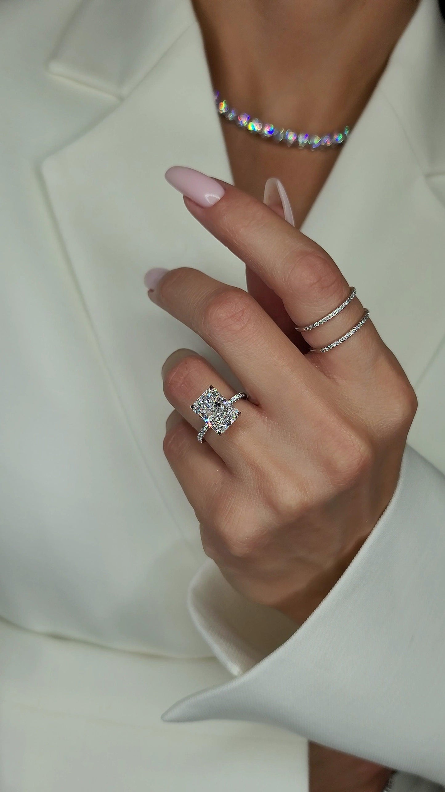 5 Carat Lab Grown Radiant Cut Micropaved Side Stones Hidden Halo Diamond Engagement Ring - BenzDiamonds