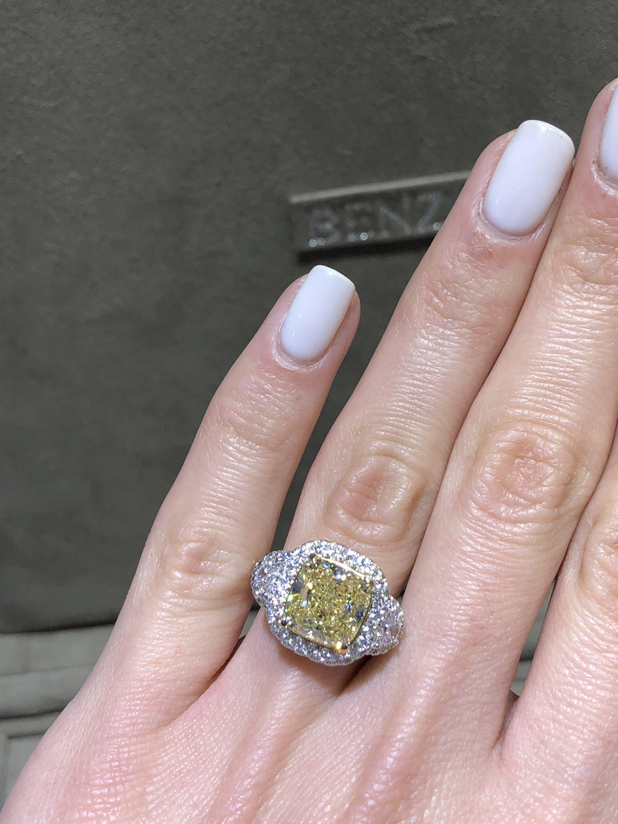5.25 ct Fancy Yellow Cushion Cut Diamond Engagement Ring - BenzDiamonds