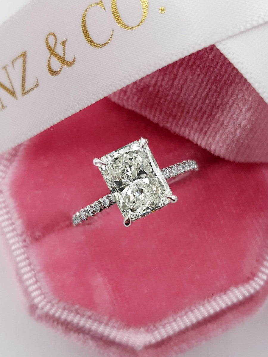 2.50 Carats Radiant Cut Micropaved Side Stones Hidden Halo Diamond Engagement Ring - BenzDiamonds