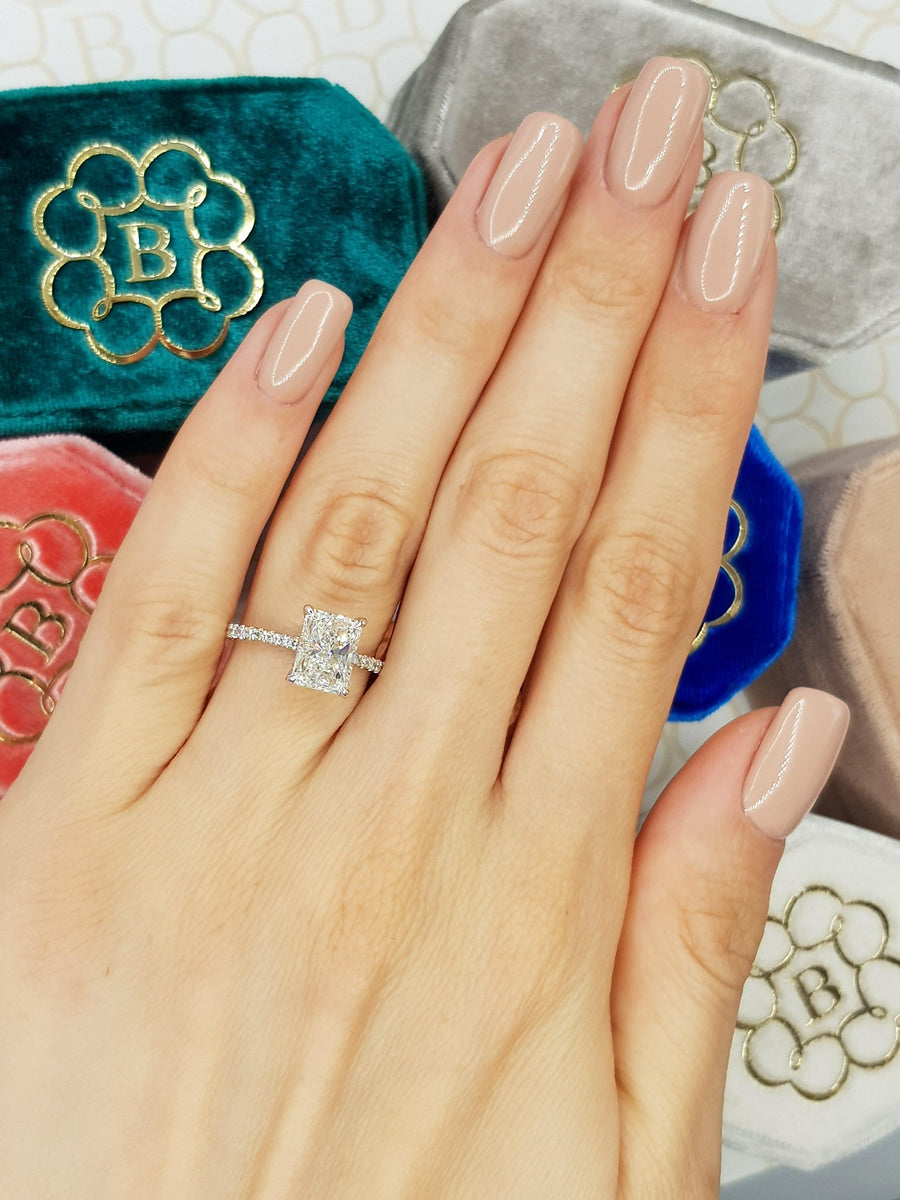 2.50 Carats Radiant Cut Micropaved Side Stones Hidden Halo Diamond Engagement Ring - BenzDiamonds