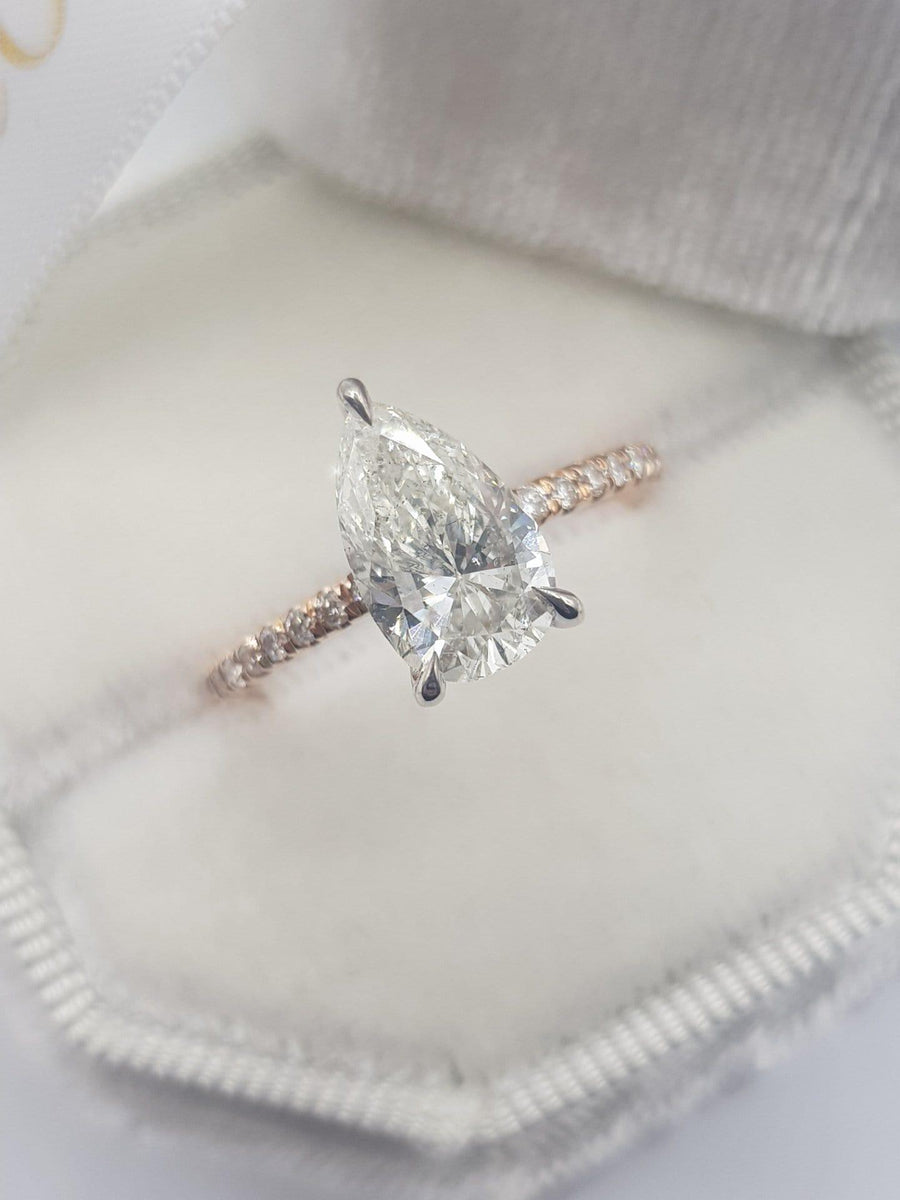1.75 Carats Pear Shape Two-Tone Micropave Side Stones Diamond Engagement Ring - BenzDiamonds