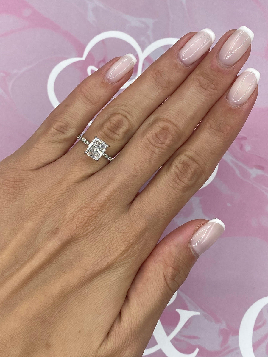 2.54 Carats Elongated Cushion Cut Micropave Side Stones Hidden Halo Diamond Engagement Ring - BenzDiamonds