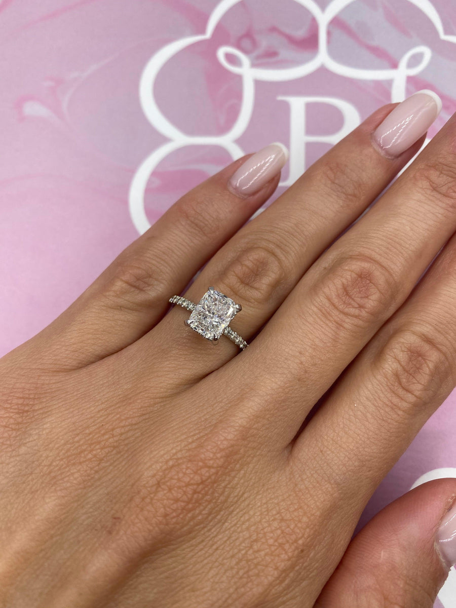 2.54 Carats Elongated Cushion Cut Micropave Side Stones Hidden Halo Diamond Engagement Ring - BenzDiamonds