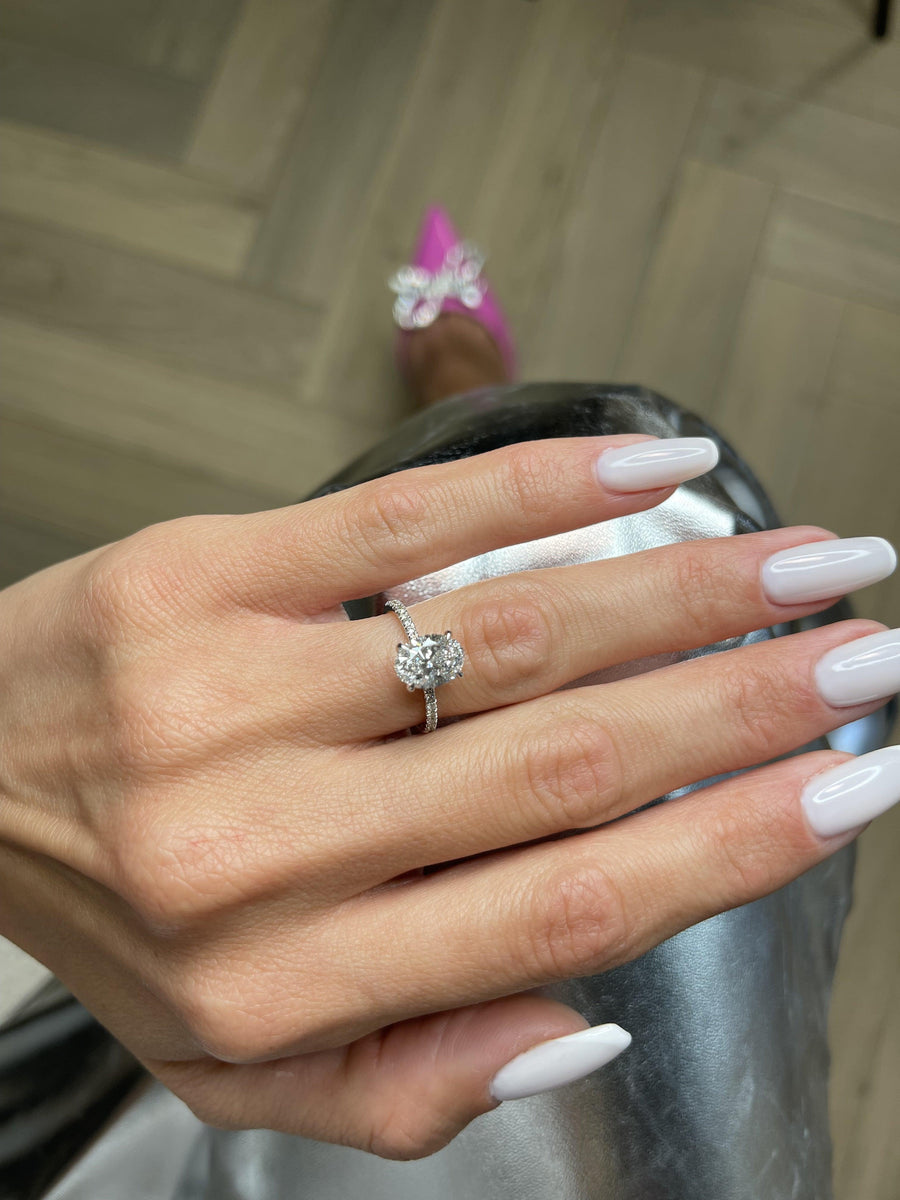 2.30 Carats Oval Cut Micropave Side Stones Hidden Halo Diamond Engagement Ring - BenzDiamonds