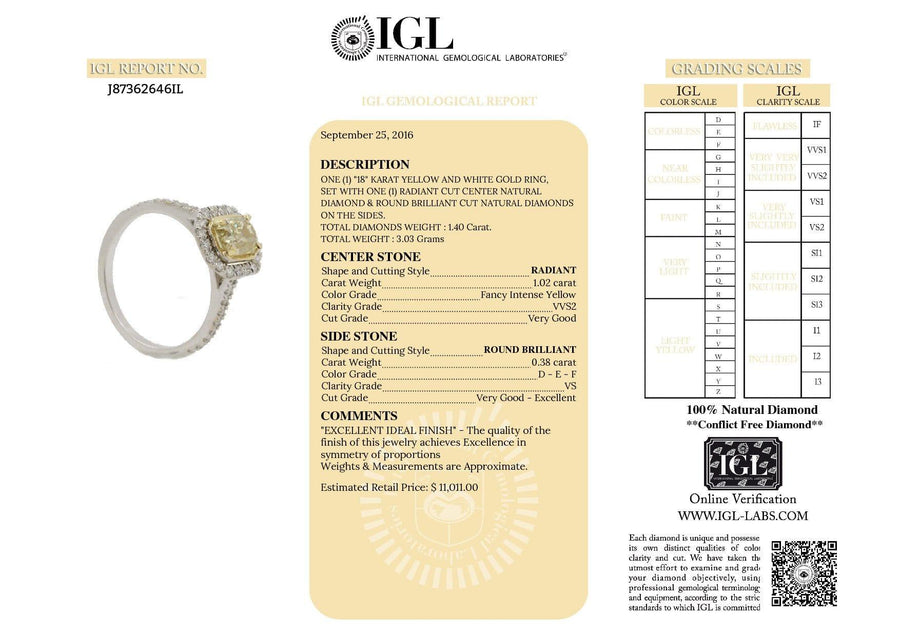 1.40 ct Fancy Intense Yellow Radiant Cut Diamond Engagement Ring - BenzDiamonds