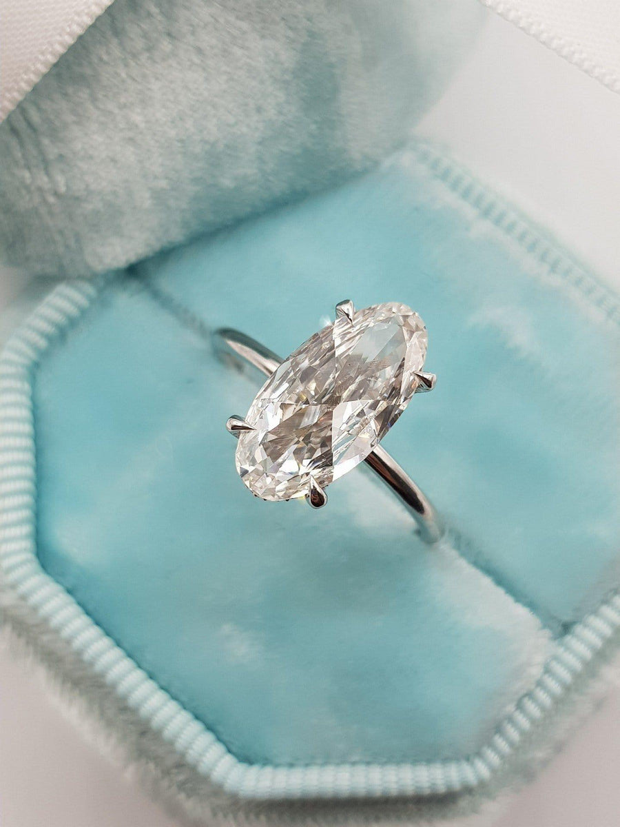 2 Carats Elongated Oval Solitaire Hidden Halo Diamond Engagement Ring - BenzDiamonds