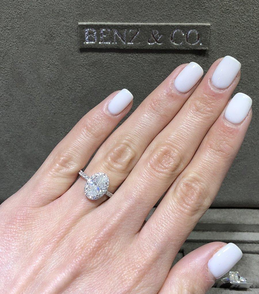 2 Carats Oval Cut Micropave Halo Side Stones Diamond Engagement Ring - BenzDiamonds