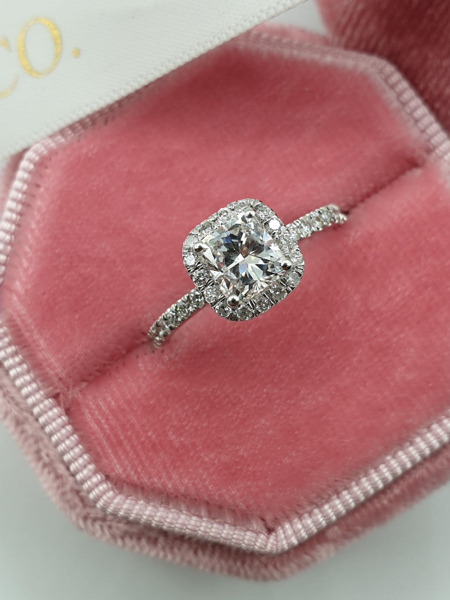 1.75 Carats Cushion Cut Micropaved Halo Side Stones Diamond Engagement Ring - BenzDiamonds