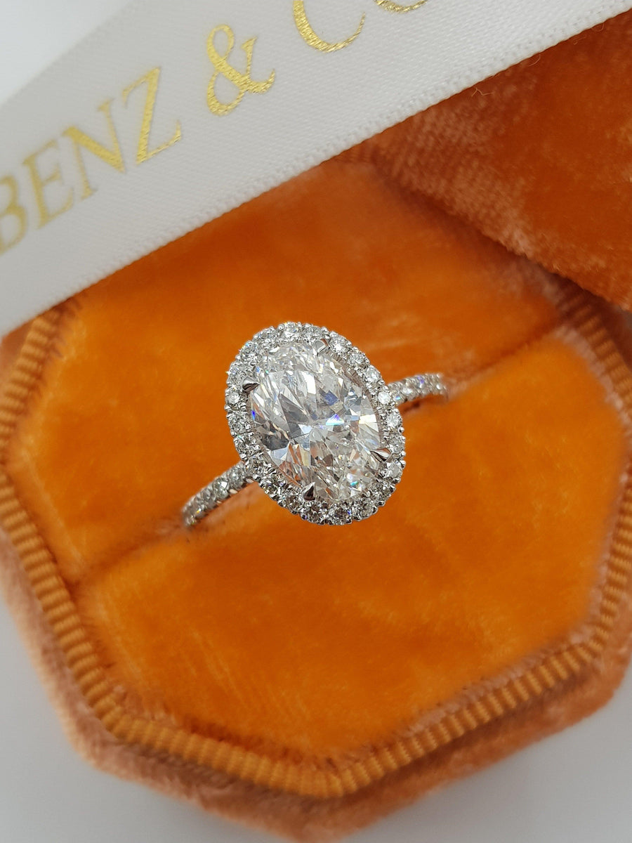 2.50 Carats Oval Cut Micropave Halo Side Stones Diamond Engagement Ring - BenzDiamonds