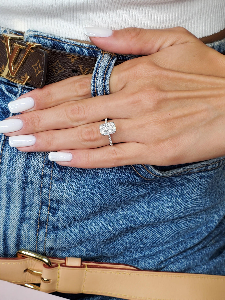 3.58 Carats Elongated Cushion Cut Micropave Side Stones Hidden Halo Diamond Engagement Ring - BenzDiamonds
