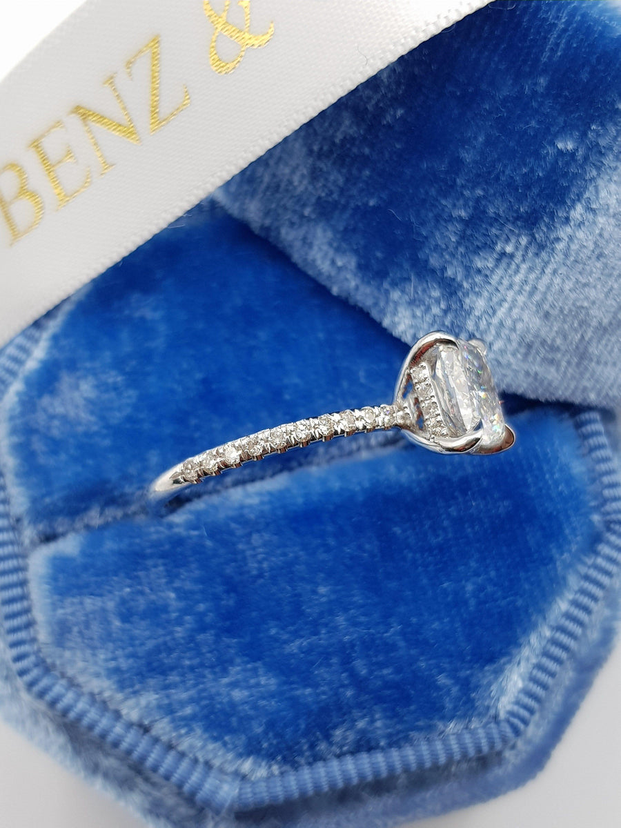 1.80 Carats Cushion Cut Micropave Side Stones Hidden Halo Diamond Engagement Ring - BenzDiamonds