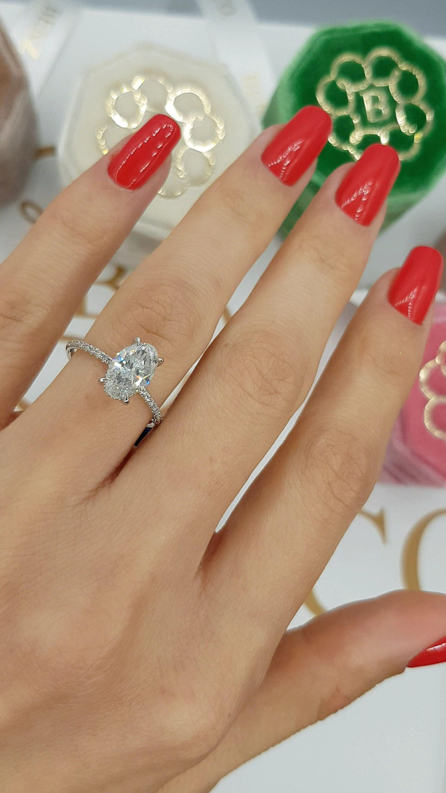 2.02 Carats Elongated Oval Cut Micropave Side Stones Hidden Halo Diamond Engagement Ring - BenzDiamonds