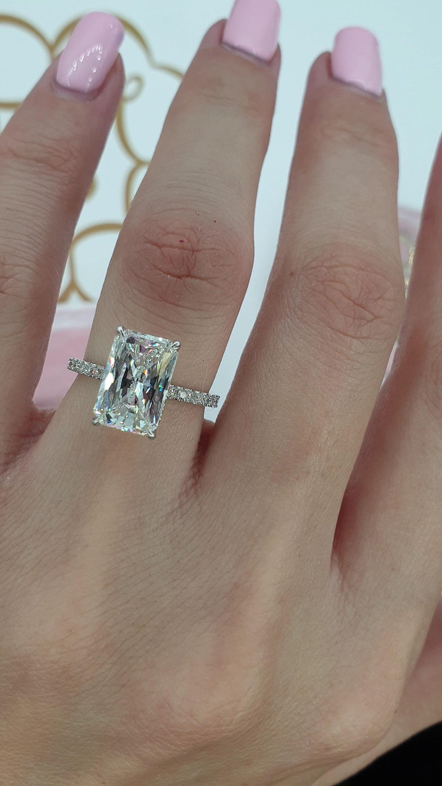 3.50 Carats Super Elongated Radiant Cut Micropaved Side Stones Hidden Halo Diamond Engagement Ring - BenzDiamonds