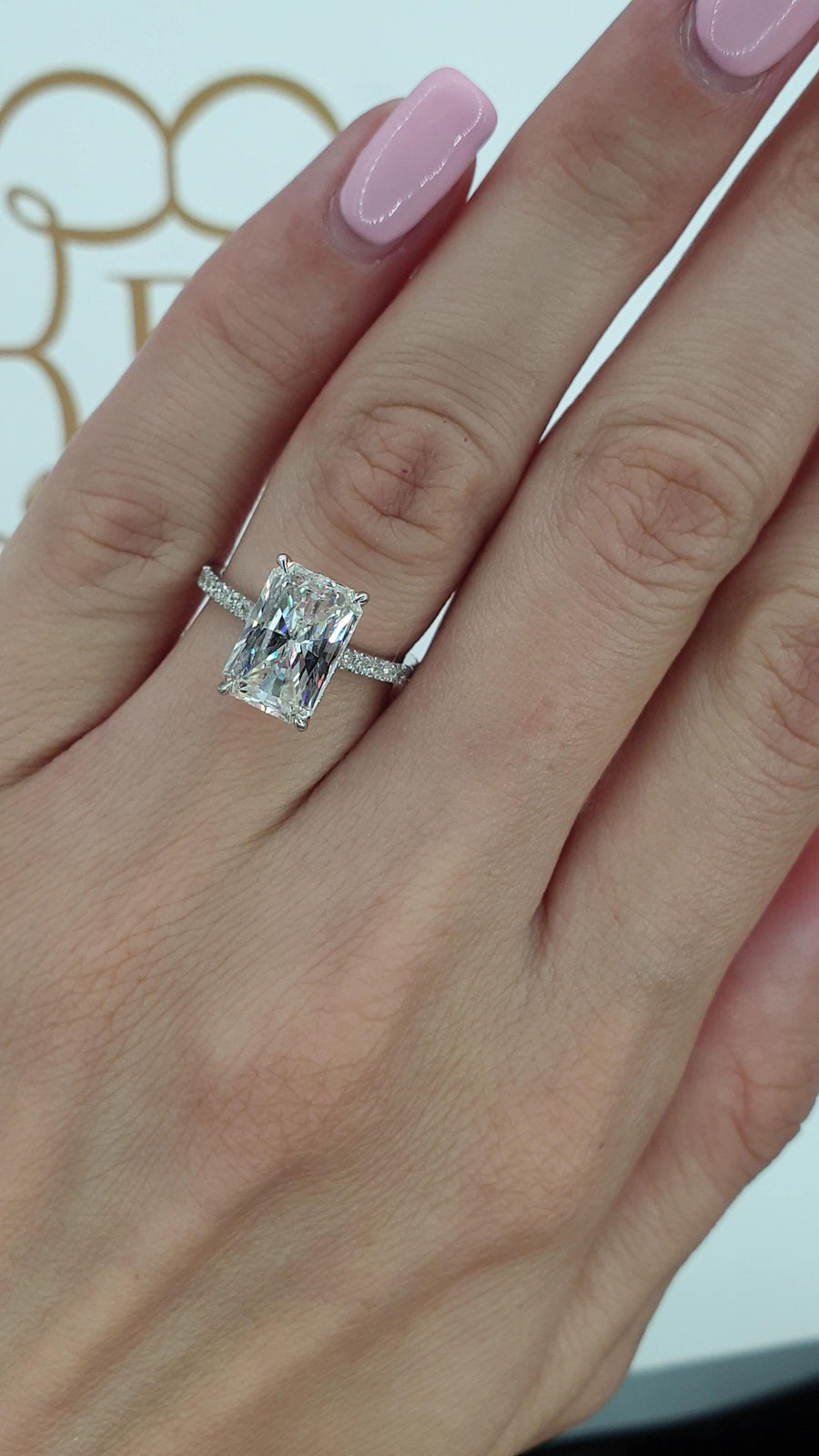 3.50 Carats Super Elongated Radiant Cut Micropaved Side Stones Hidden Halo Diamond Engagement Ring - BenzDiamonds