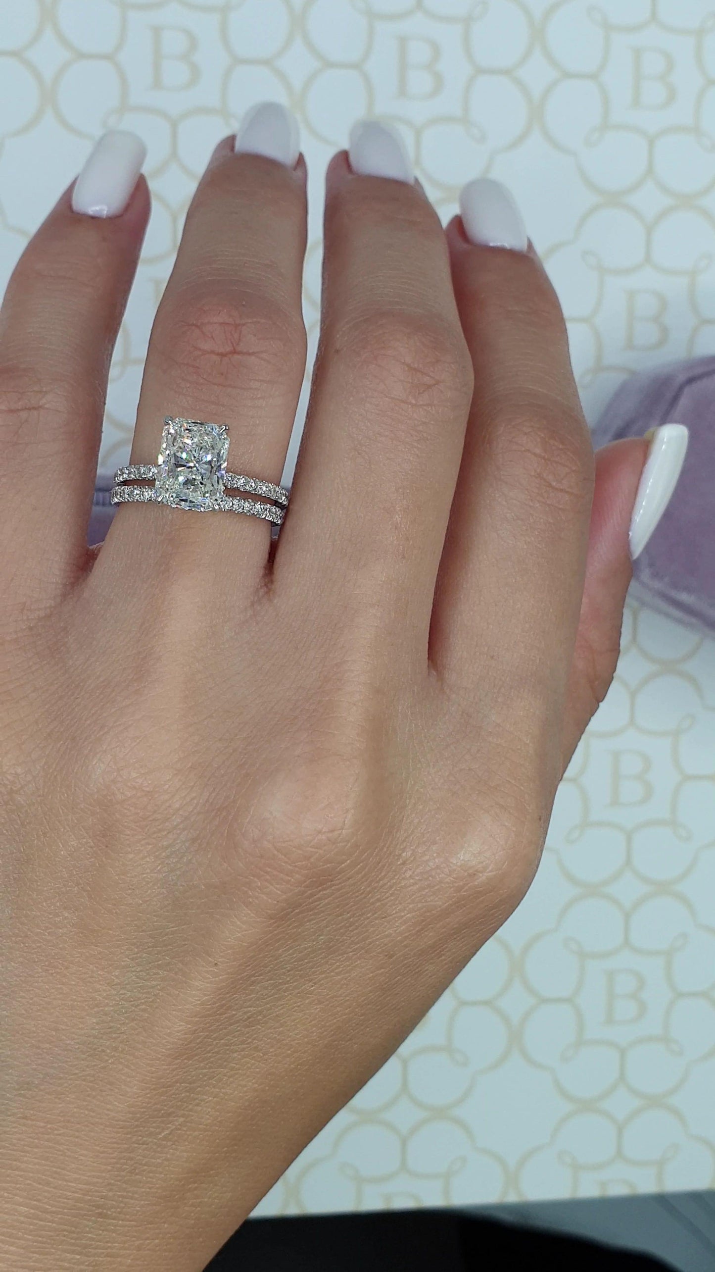 3 Carats Radiant Cut Micropaved Side Stones Hidden Halo Diamond Engagement Ring - BenzDiamonds