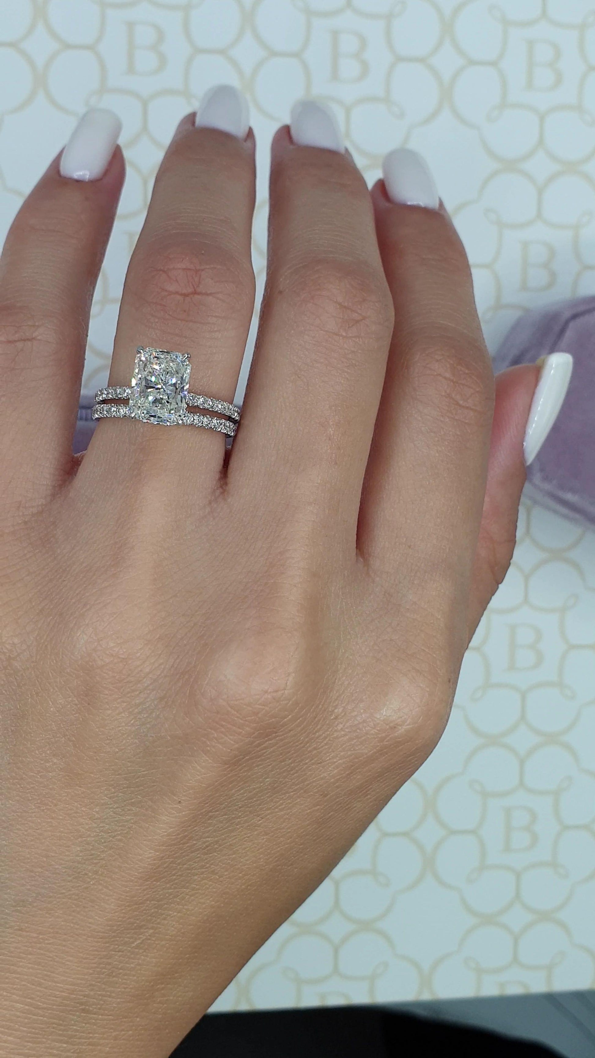 3 Carats Radiant Cut Micropaved Side Stones Hidden Halo Diamond Engagement Ring - BenzDiamonds