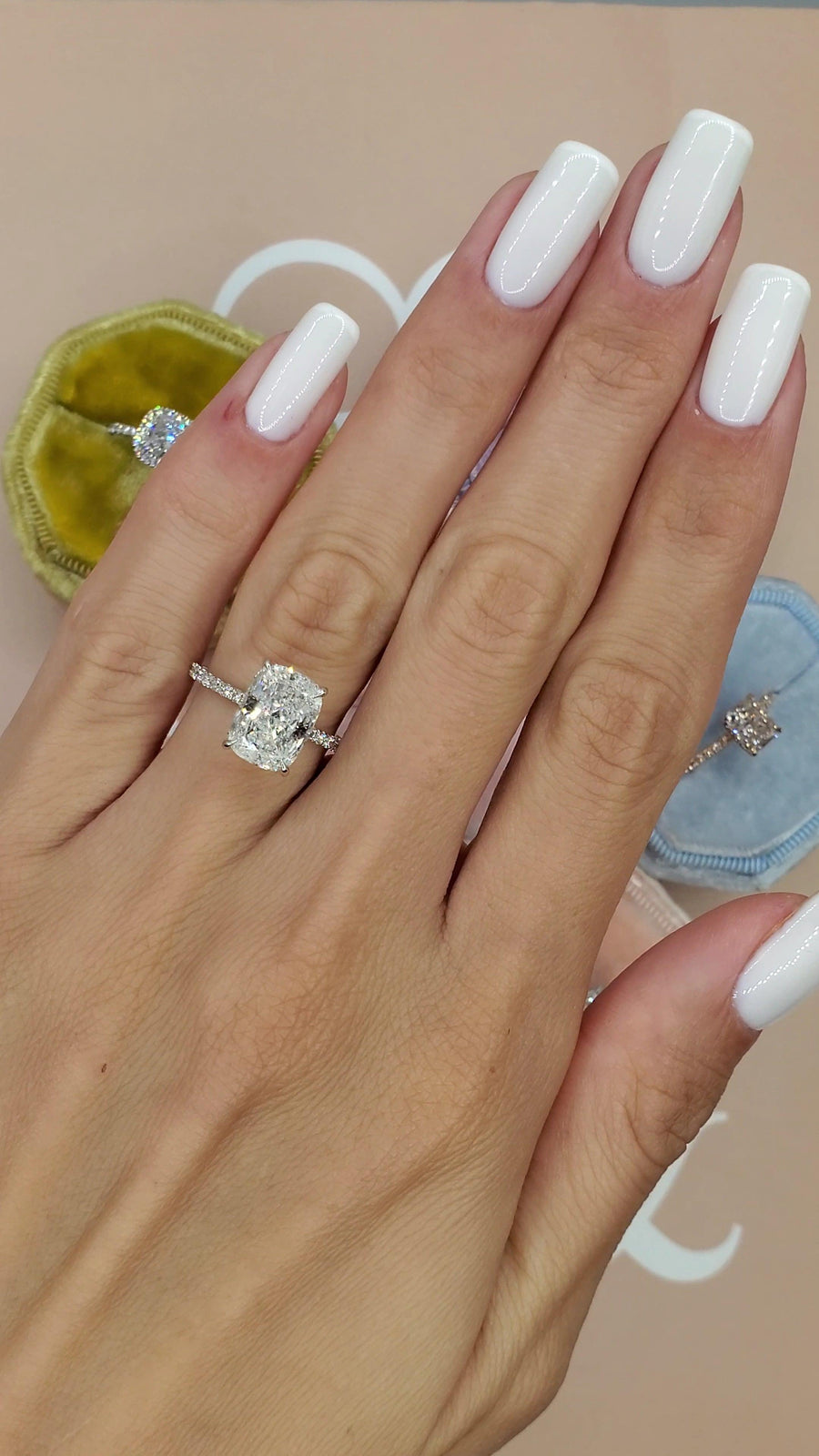 3.58 Carats Elongated Cushion Cut Micropave Side Stones Hidden Halo Diamond Engagement Ring - BenzDiamonds