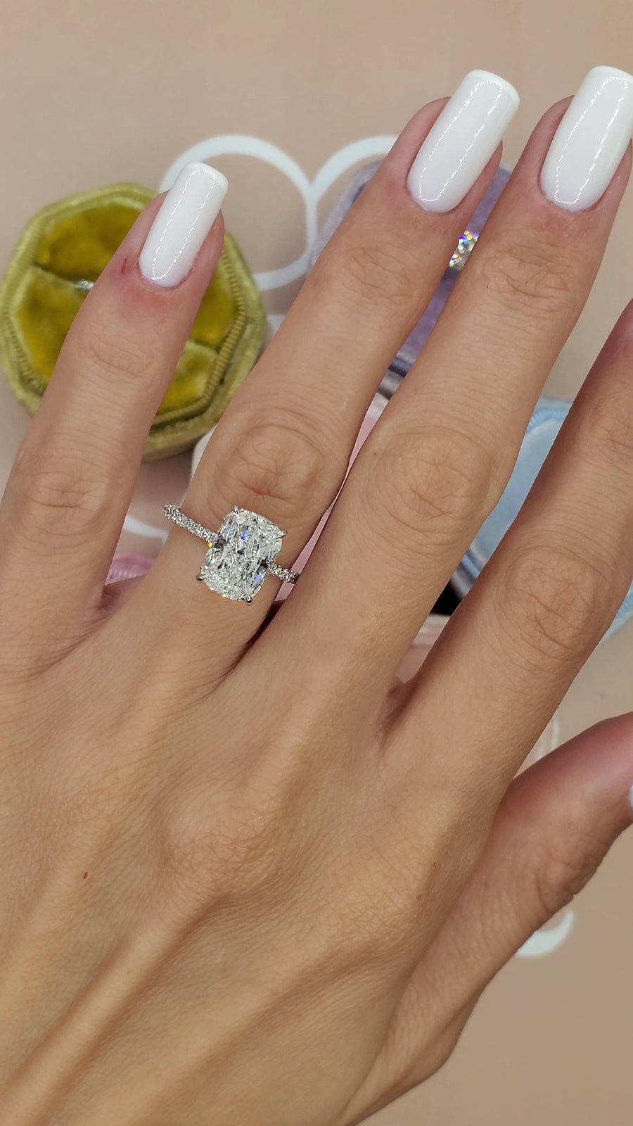3.58 Carats Elongated Cushion Cut Micropave Side Stones Hidden Halo Diamond Engagement Ring - BenzDiamonds
