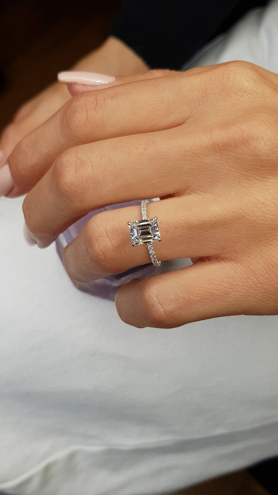 2.53 Carats Emerald Cut Hidden Halo Micropaved Diamond Engagement Ring - BenzDiamonds