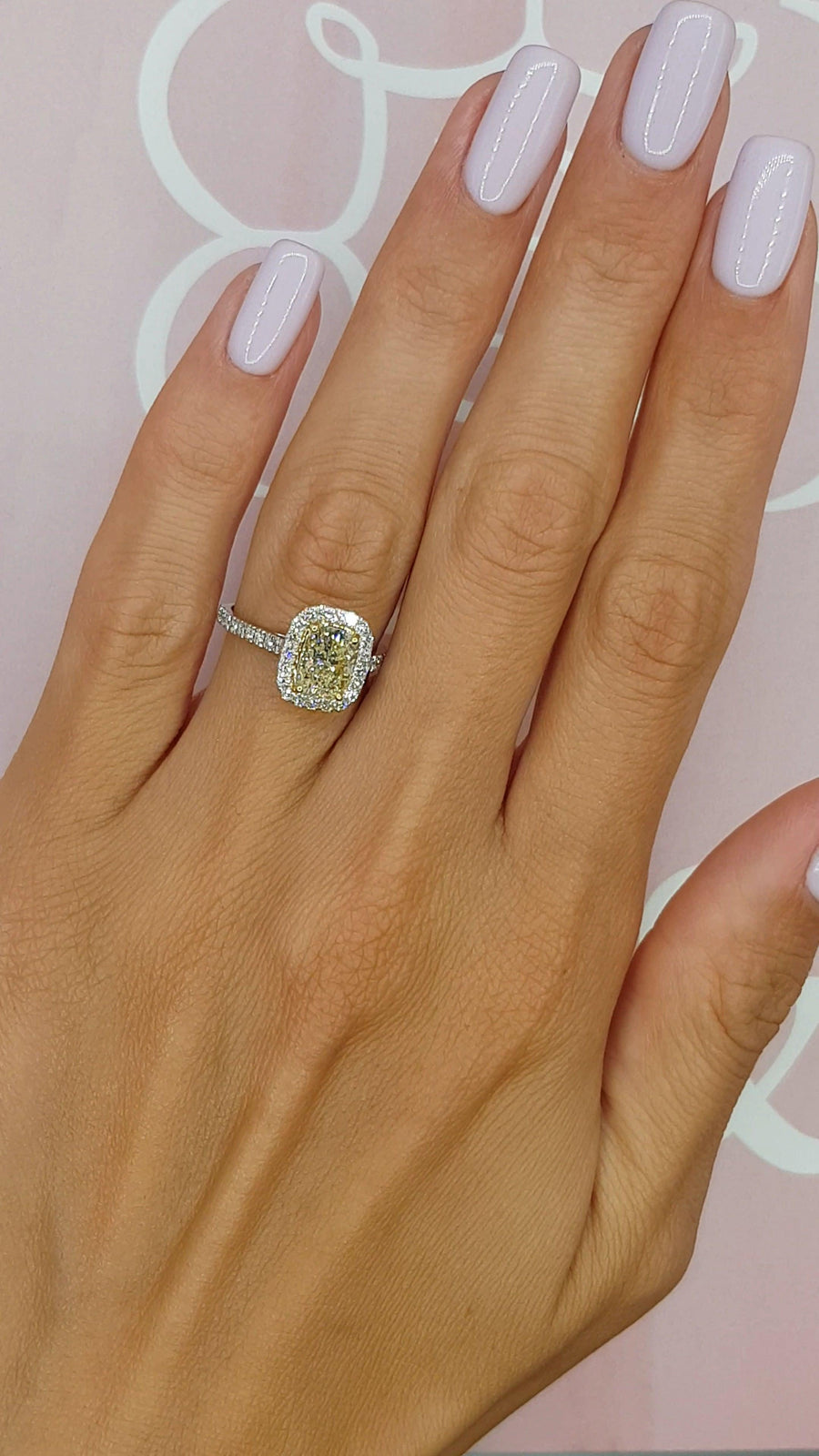 2.10 Carats Fancy Yellow Elongated Cushion Cut Micropave Halo Side Stones Diamond Engagement Ring - BenzDiamonds